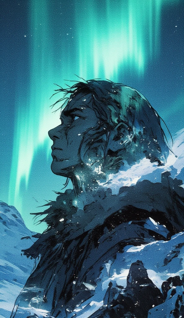 double exposure. an eskimo, profile shot. the backdrop of aurora borealis in the glacier area.