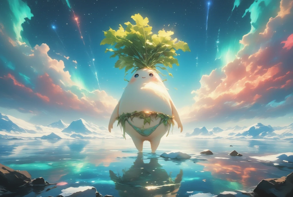 Arctic Landscape,  と夜空に広がるBeautiful Aurora , The brave daikon floating in the Arctic Ocean  ,(Daikon character  :Aurora-colored bikini wear :The texture of daikon :A little cute :Charming:Aurora's cloak ),  Aurora's cloak :1.3\ that cloak is an aurora-like cloak shining in the night sky :1.4\Beautiful Aurora:1.4\white、red、 the beautiful color of green is mixed \ An aurora-like cloak\ The color changes constantly \Produce intricate colors :1.3\夜空に輝く An aurora-like cloak:1.5,  Darkness, (( glaciers spread under her feet :1.3, Realistic ice の表現:1.3, Realistic ice )), (((UHD, masterpiece, anatomically correct, super detail, high details, best quality,  highres icon, 8k)))