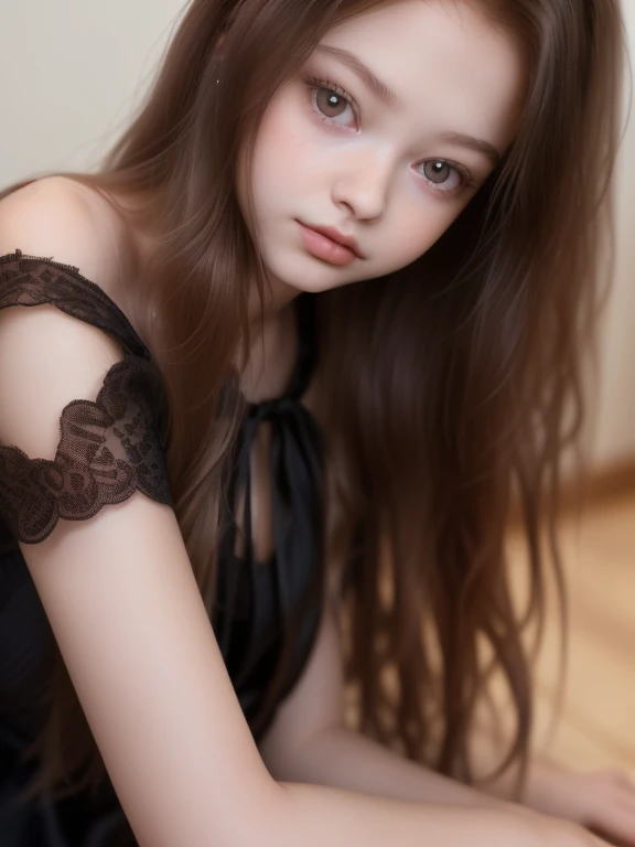  close-up of a girl with long hair in a black lace dress, through which you can see the chest ,  gorgeous young model ,  Beautiful young girl , mackenzie foy ,  girl with brown hair,  anna nikonova aka newmilky , beautiful girl model,  very beautiful model , Dasha Taran, beautiful girl-,  young with long hair  ,  cute young girl  ,  portrait of Sophie Mudd, handsome pretty young, stands sideways on the floor and looks at the camera