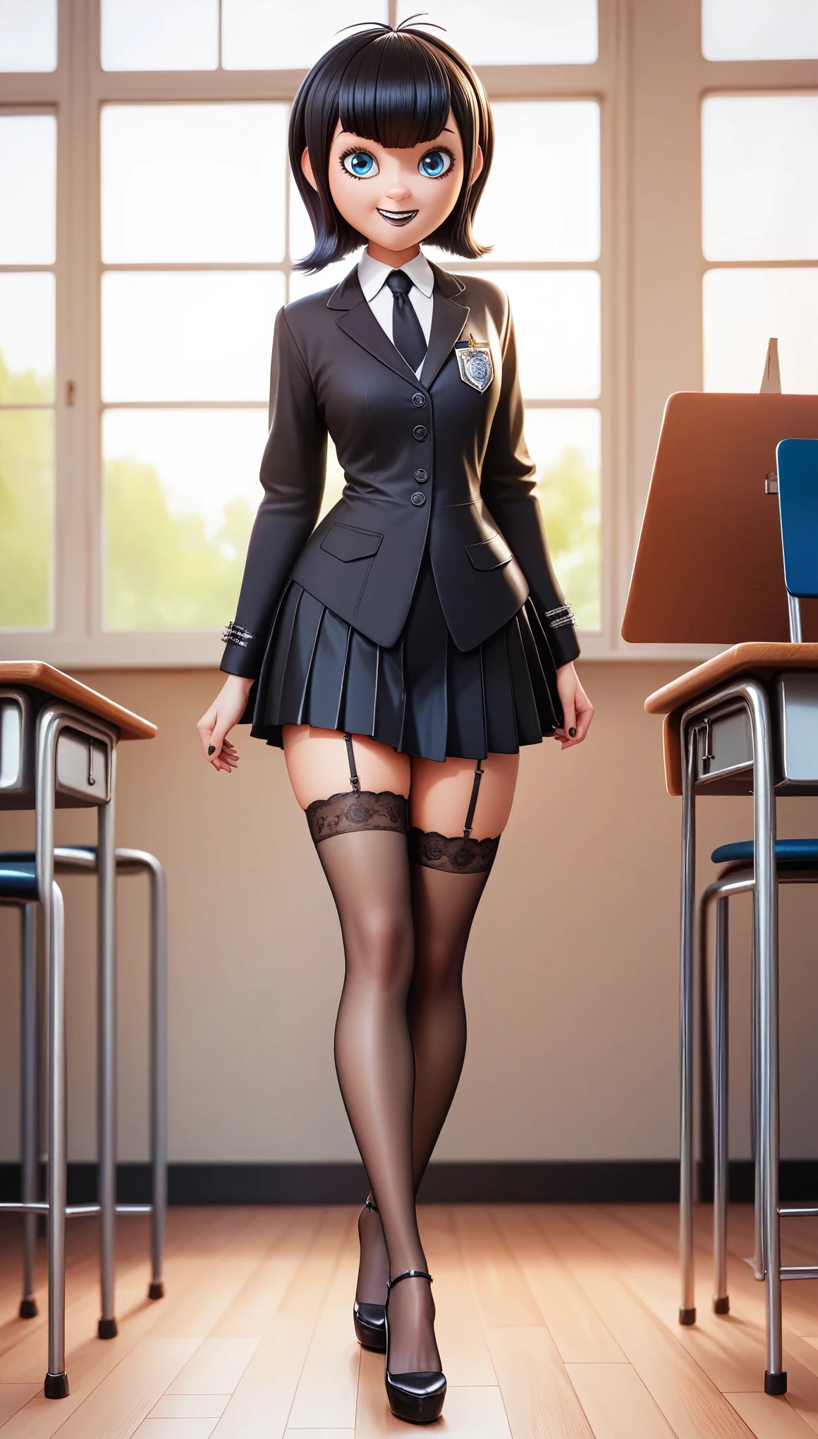 (Perfect Anatomy), Masterpiece, Ultra High Quality, 8k, masterpiece, Highest quality, Ultra-high resolution, Maximum resolution, Very detailed, Professional Lighting, anime, young female, 1 japanese 1 female, MavisDracula/HotelTransilvania, goth teen, so beautiful, Highly detailed eye, Highly detailed face, short black Hair, Blueeyes, Straight bangs, full body, standing, (wearing a (brown short shirt, leather pleated skirt medium legth), (classroom indoors theme), (tan stockings), (high heels), show her wet inner thighs