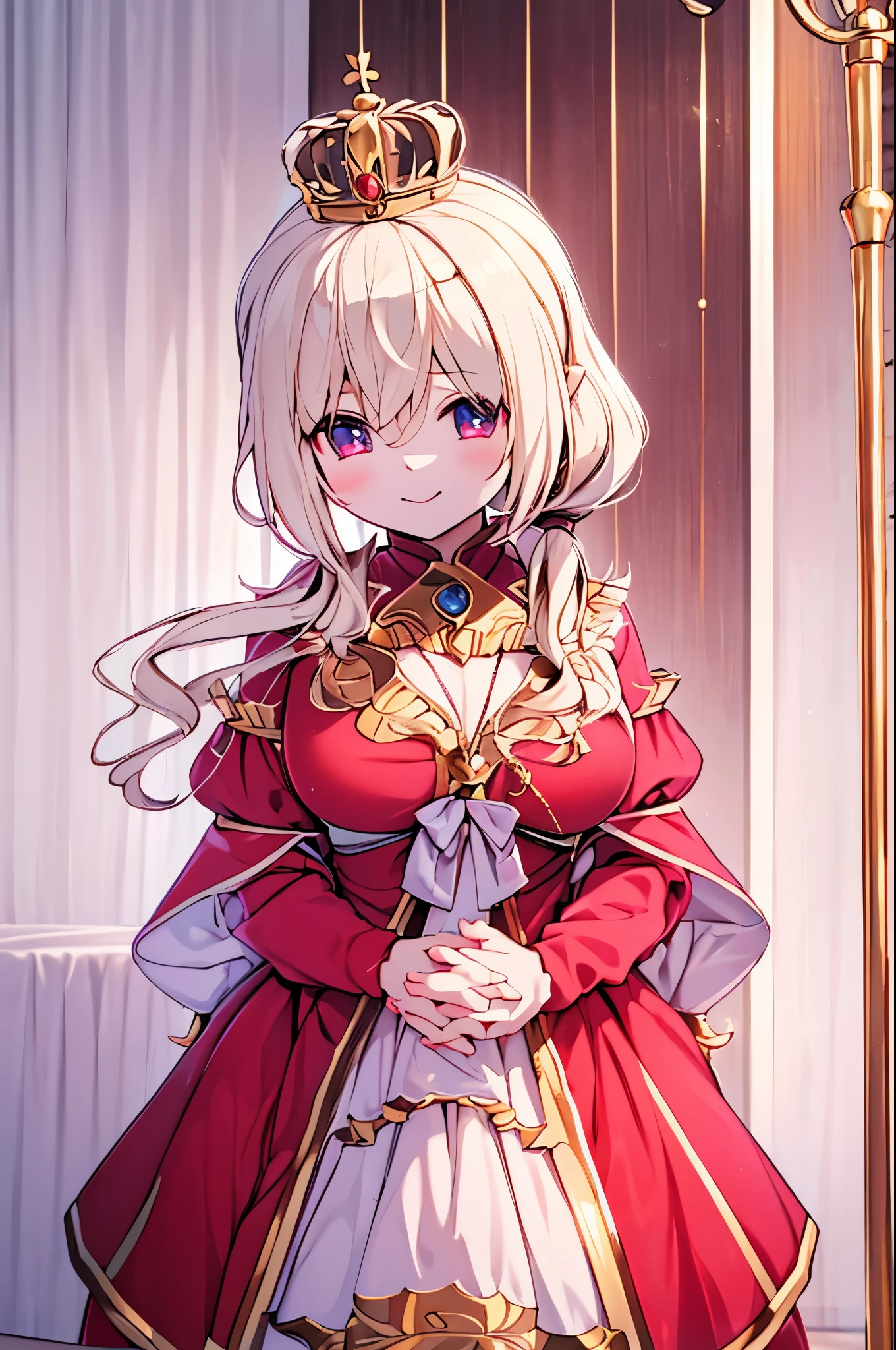 Queen，Long blond hair，Blonde pigtails，Braids that hang to the chest，****，Big breasted **** ，Golden crown， golden crown ，Hands close up，Fingers interlocked，Red Dress，Red Dress裙，腰部以上close up，close up，Red Dress裙，金色花纹的Red Dress裙，Red long sleeve，long sleeve with gold pattern，Palace background，Indoor background，Palace background，Palace Background， bedroom background，Smile， mature， mature，Female maturity