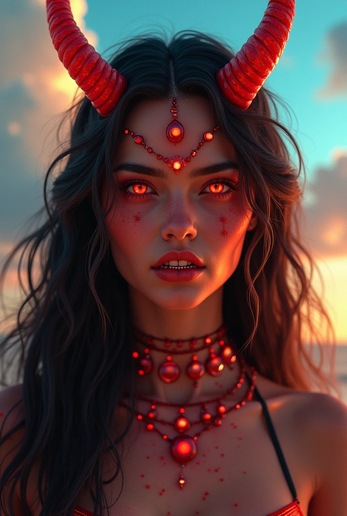A young and beautiful demon woman from ancient Mesopotamia, cuerpo entero, reddish eyes blue sky , small horns, reddish skin, fangs, long hair