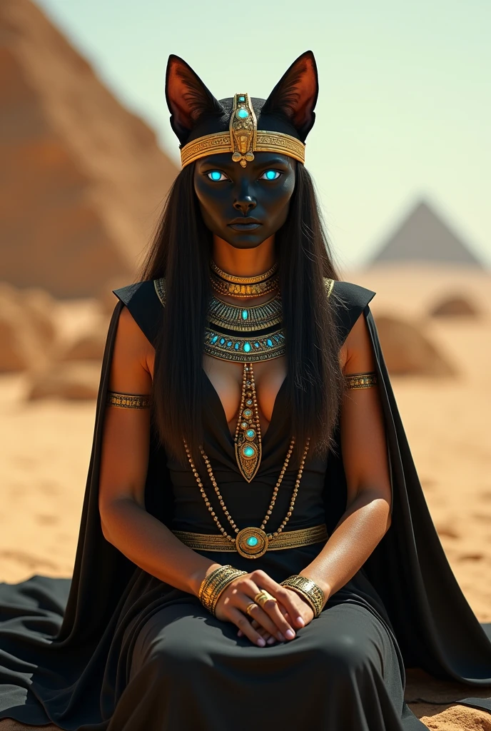 An Egyptian vampire with dark skin, wearing ancient pharaoh-like attire with gold and turquoise jewelry. Her eyes glow with an eerie green light. The setting is the desert at night, with the Pyramids of Giza in the background and the Nile River reflecting the moonlight.