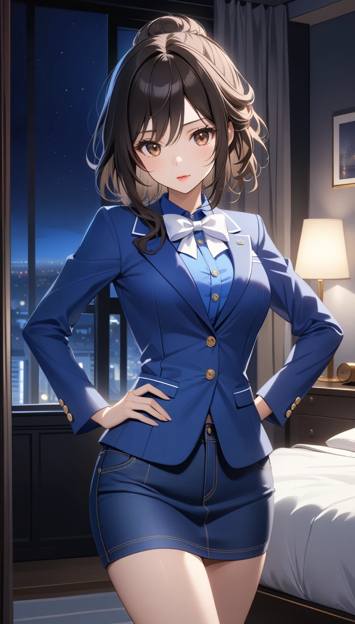 Beautiful woman with medium frizzy dark black hair, layered hair, tied up hair, with ((brown eyes)), wearing ((Tight Low-Rise blue Denim Skirt)), ((Sexy Mid Sleeves Royal Blue Shirt)), ((White bowTie), ((buttoned Blazer)), ((blue Blazer)), standing in her bedroom at night, (hand on hip), (light brown lipstick), (elegant mascara), (slim body), (medium breasts), <lora:GoodHands-, <lora:GoodLegs-, UHD, high resolution, (masterpiece:1.9, best quality), (expressive eyes, perfect face, full body, expressive face, perfect body, perfect pussy, athletic, fit, slim body,smile, blushing, Perfect makeup, eyeliner, beautiful eyelashes, smiling, horny face), ((best illumination, best shadows)), ((sexy pose)), score_9_up, score_8_up, score_7_up