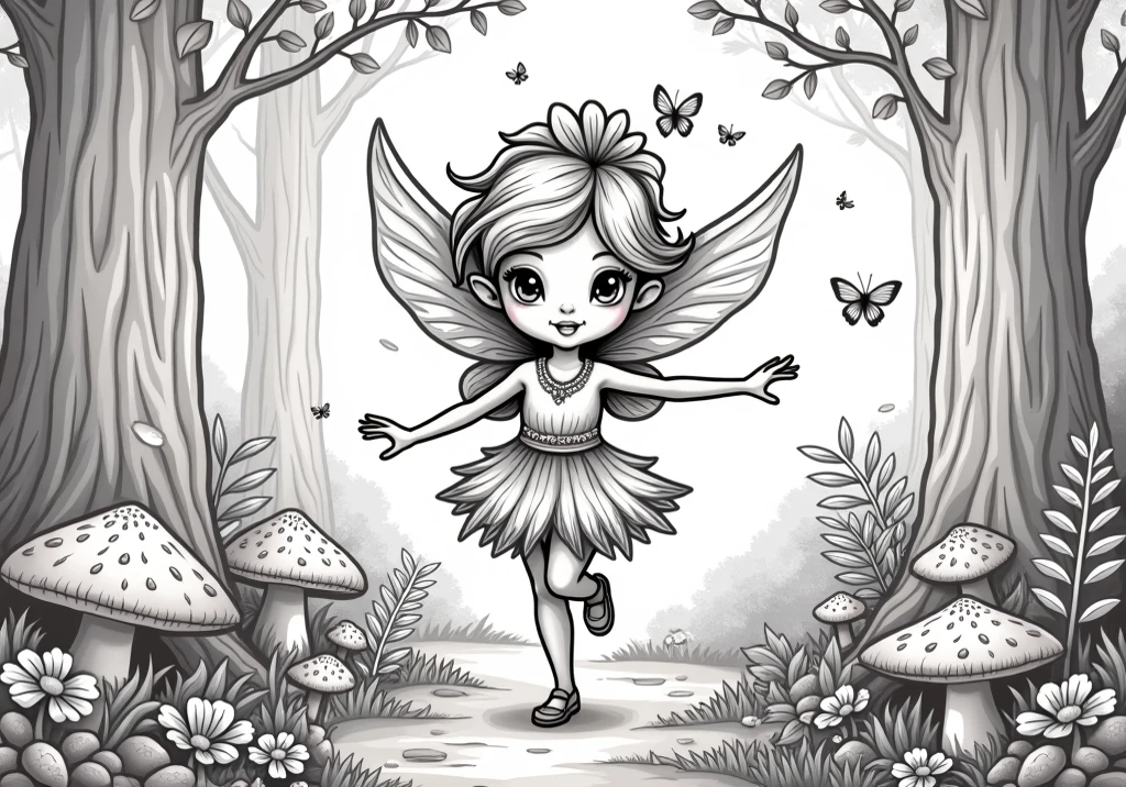 a pretty fairy with a magic star in her hands, for coloring pages, full white,clean line art, children's style, magic forest background, full body, Sketch style, playful style, childrens,coloring page, clean line art, white background, colouring page, clean outline