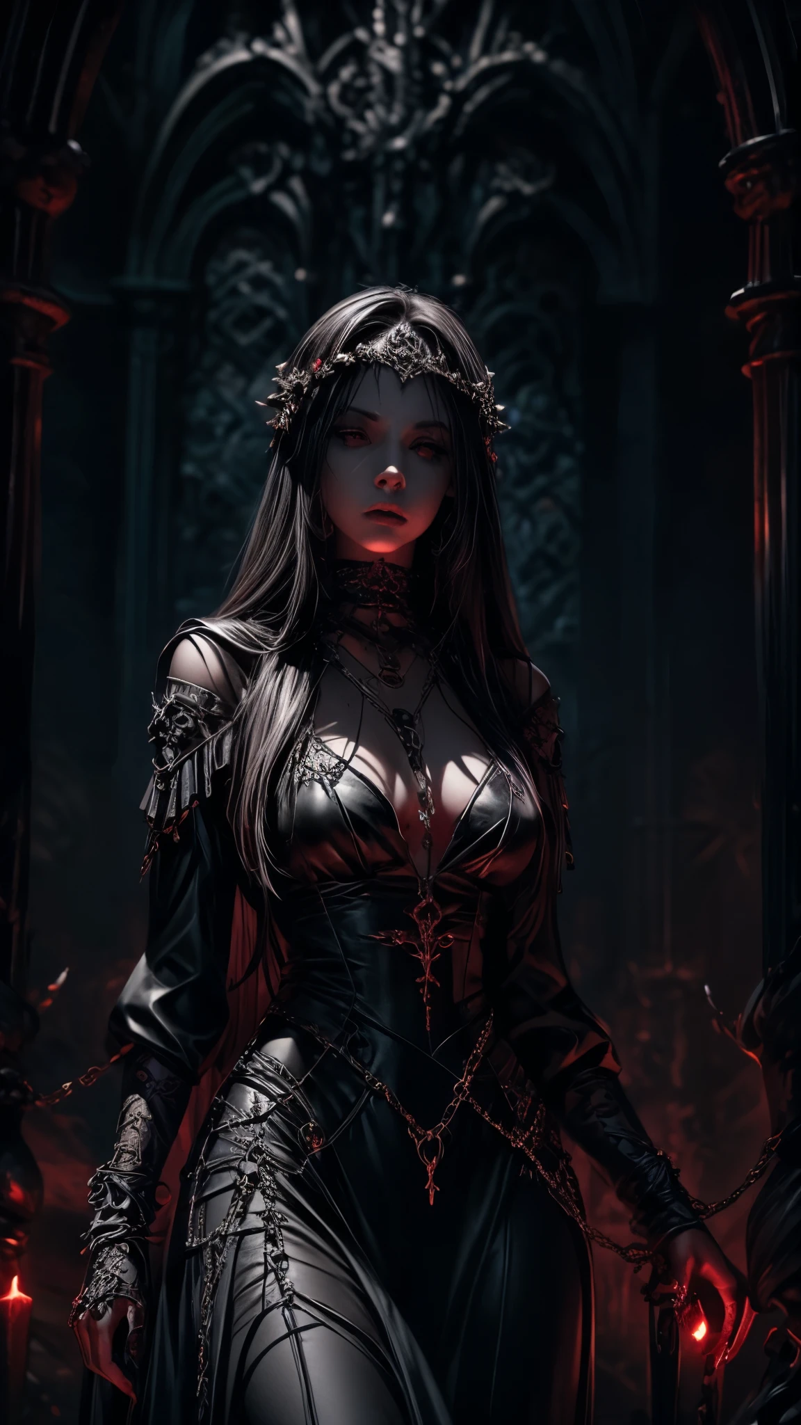 woman, ultra high details, dark fantasy, grim background, bloom, glowing red irises, dark environment, bloody theme, sharp chains, hips up, witch, nardack, pale skin,