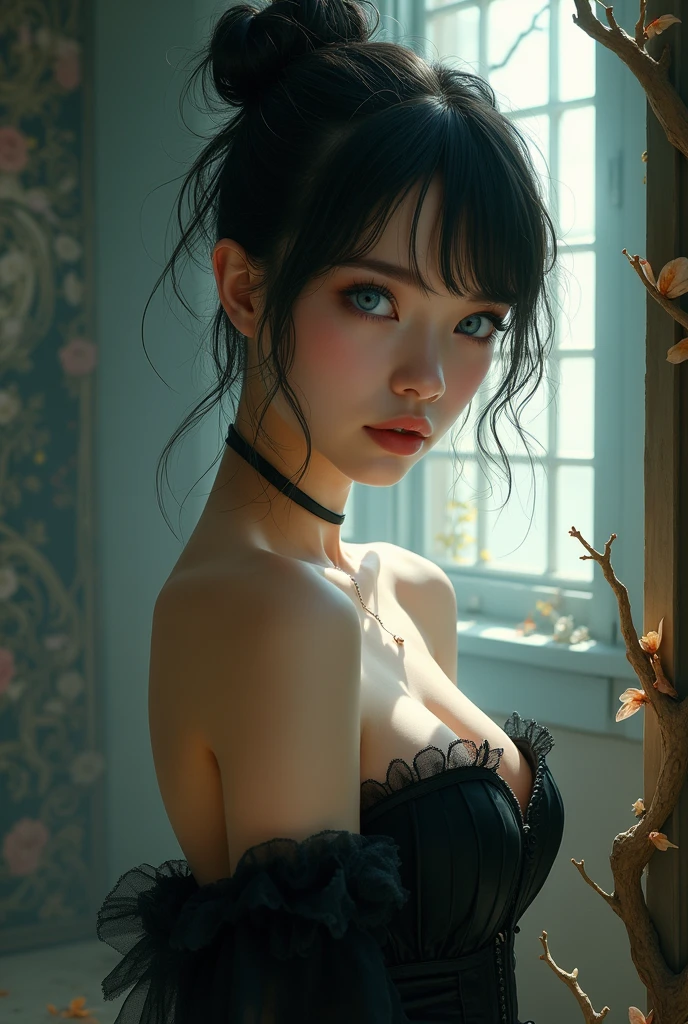 ((low key,dark bluish scene,dimly lit, soft lighting):1.4),enchanting elegance, atmospheric depth, masterful technique, naturalistic representations, harmonious composition, creative refinement, striking juxtapositions,
1girl,long hair bangs,white lace lingerie, oil painting, IMPRESSIONISM,
sad, depressing,
indoors