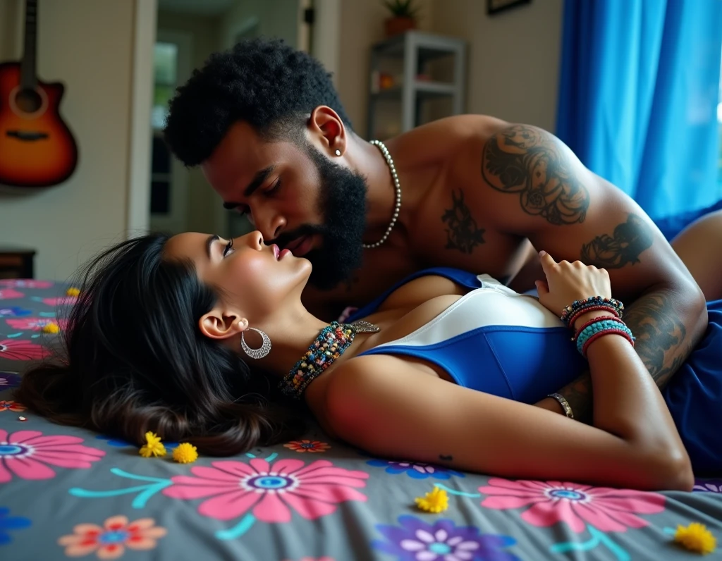 naked couple, hourglass figure, 1man 1 woman, The joyous Rasleela , duo, where naked muscular Krishna with his blue skin , and Radha with her fair skin naked wearing sexy body jewelry, doggystyle sex, soft colors, depth of field, correct anatomy, aggressively making out, highly detailed long thick erect penis, (best quality,4k,8k,highres,masterpiece:1.2),ultra-detailed,(realistic,photorealistic,photo-realistic:1.37),cinematic lighting,dramatic angle,sensual poses,warm color palette,detailed skin textures,volumetric lighting,ultra-fine details,