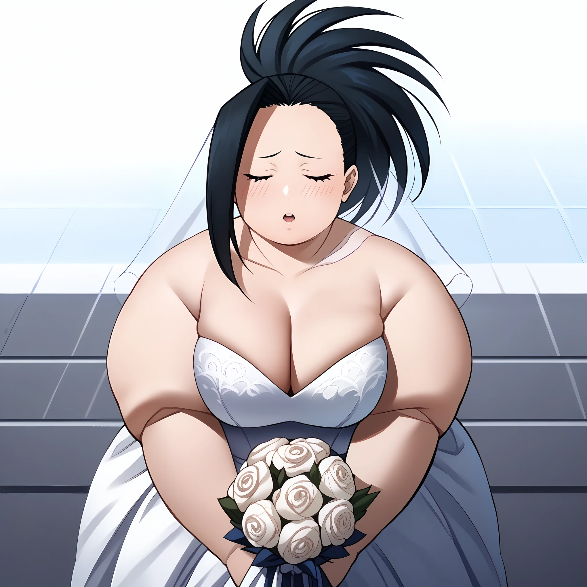 score_9, score_8_up, score_7_up, score_6_up,4k, source_anime, solo, 1girl, Yaoyorozumomo, long hair, bangs, black hair, hair ribbon, sidelocks, folded ponytail, parted bangs, blushing, looking at viewer, wedding dress, wedding veil, off shoulder, cleavage, outdoor, sky, standing, cowboy shot, medium breasts, incoming kiss, closed eyes, bouquet, collarbone, pov, closer, wedding ceremony background, leans forward, fat, chubby, obese, gigantic arms and legs, large breasts open mouth, out of breath
