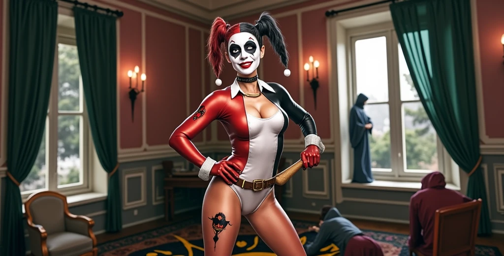 Harley Quinn (crazy make up, sexy small outfit, guns, pet hyenas), is posing crazy and sexy near her Joker themed throne in a 'Fun House of Death'