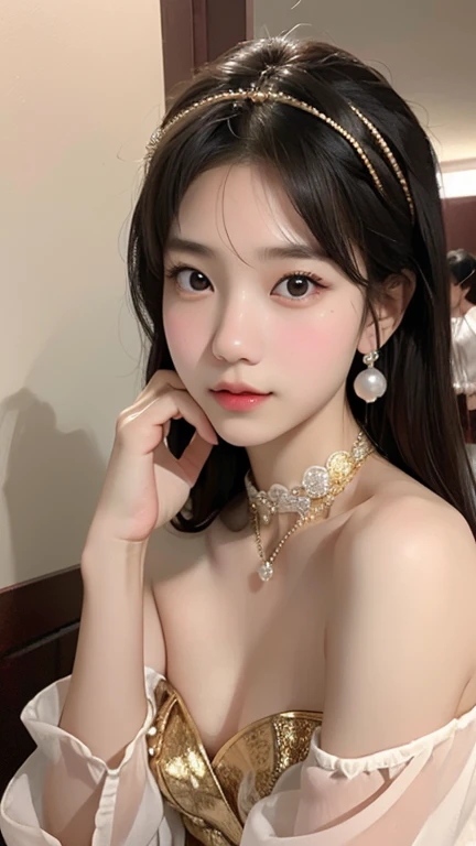 A high-resolution photograph featuring a young asian woman with a fair complexion and long, dark brown hair styled in loose waves, she has large, expressive brown eyes with a soft, inviting gaze, her lips are full and slightly parted, giving her a serene yet alluring appearance, she wears a delicate, gold headpiece resembling a halo or a crown, adorned with small, sparkling jewels, her attire consists of a black, off-the-shoulder top with intricate lace detailing, featuring a low neckline that accentuates her ample breasts, the top is adorned with gold beads and small, pearl-like earrings, adding a touch of elegance and elegance, she accessorizes with a gold choker and a matching gold necklace, the background is a plain, light beige color, ensuring that the focus remains on the subject, the overall composition and lighting emphasize her delicate features and the intricate textures of her attire, making her the focal point of the image