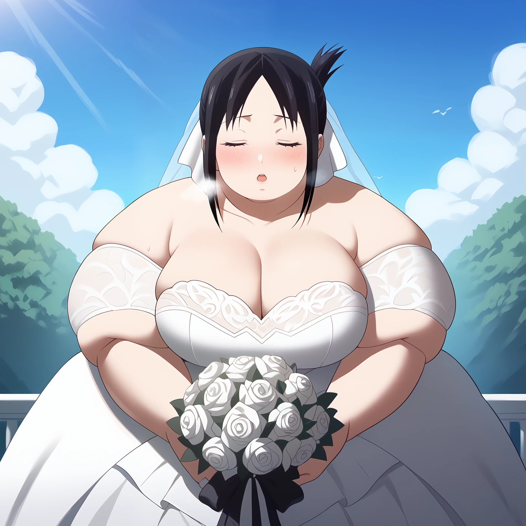 score_9, score_8_up, score_7_up, score_6_up,4k, source_anime, solo, 1girl, kaguya shinomiya, short hair, bangs, black hair, hair ribbon, sidelocks, folded ponytail, parted bangs, blushing, looking at viewer, wedding dress, wedding veil, off shoulder, cleavage, outdoor, sky, standing, cowboy shot, medium breasts, incoming kiss, closed eyes, bouquet, collarbone, pov, closer, wedding ceremony background, leans forward, fat, chubby, obese, gigantic arms and legs, large breasts open mouth, out of breath
