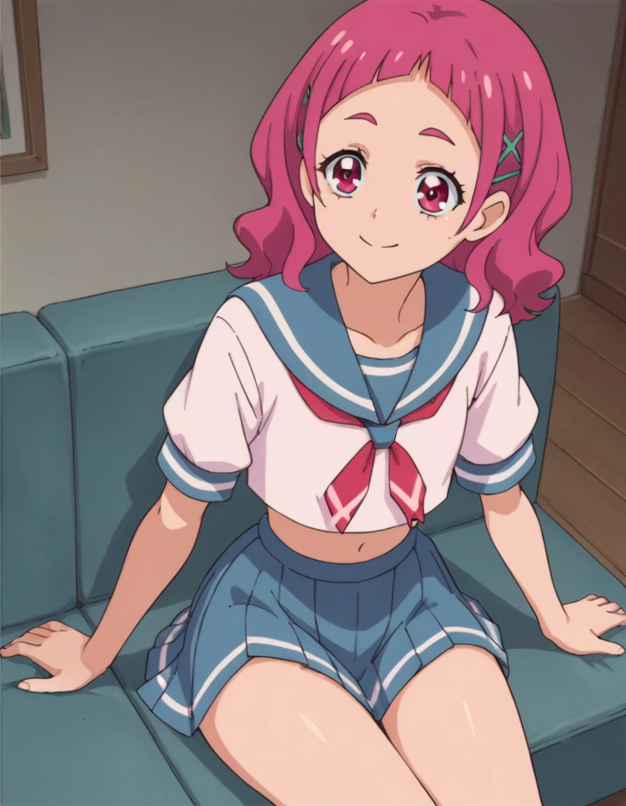 The 9th Hana, Pink Eye,  Pink Hair, Long Hair,  Short Bang ,  hair clips,   x Hair Ornament, (( sailor suit 、 miniskirt)),  High Quality , Alone、((Western-style room at home )),  closed mouth ,  blanking, ( cowboy shot), (smile)、(( sits on the sofa))、Thighs