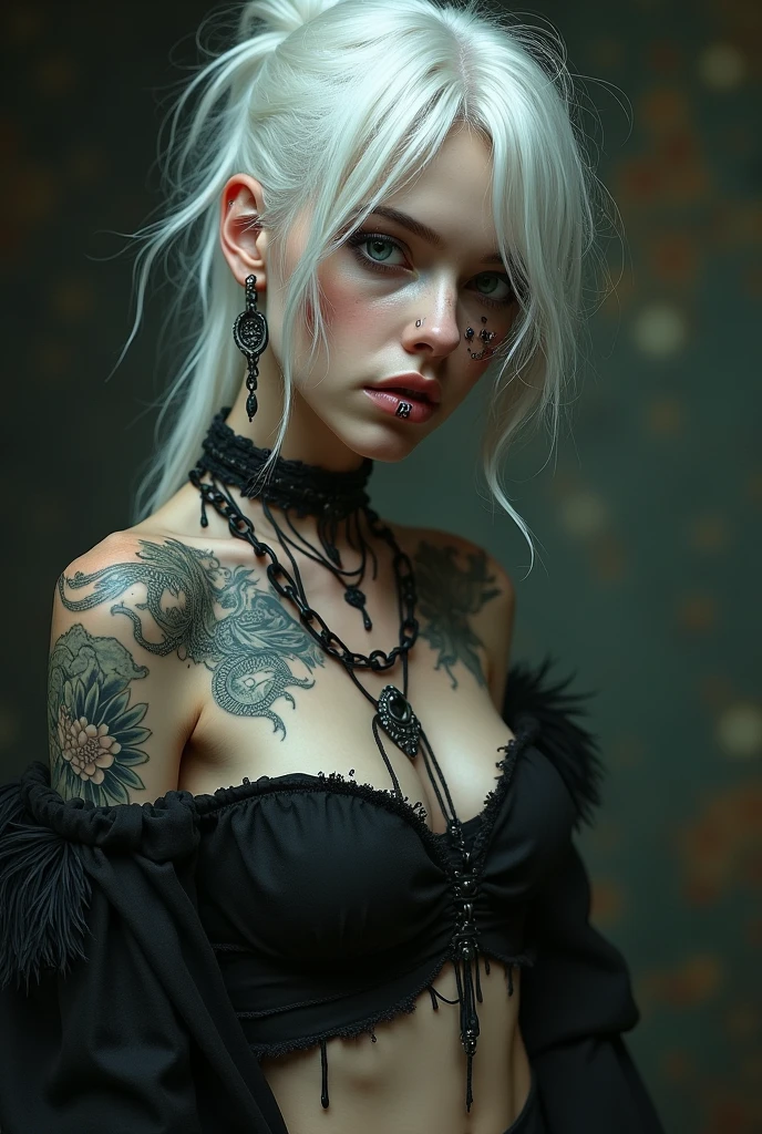 Low-angle shot full-body portrait of captivating Japan woman with a tattoo of a dragon on her body, white hair, contrast, sensuality, dominance, seduction, HDR, RAW, close-up, dramatic