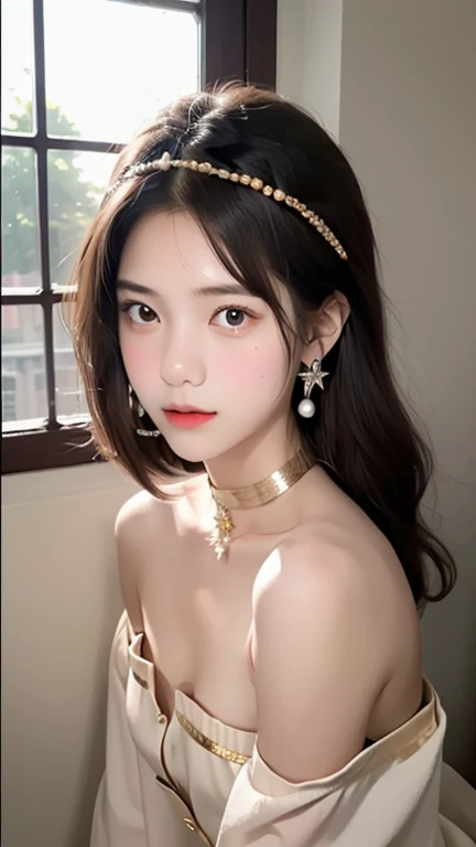 A high-resolution photograph featuring a young asian woman with a fair complexion and long, dark brown hair styled in loose waves, she has large, expressive brown eyes with a soft, inviting gaze, her lips are full and slightly parted, giving her a serene yet alluring appearance, she wears a delicate, gold headpiece resembling a halo or a crown, adorned with small, sparkling jewels, her attire consists of a black, off-the-shoulder top with intricate lace detailing, featuring a low neckline that accentuates her ample breasts, the top is adorned with gold beads and small, pearl-like earrings, adding a touch of elegance and elegance, she accessorizes with a gold choker and a matching gold necklace, the background is a plain, light beige color, ensuring that the focus remains on the subject, the overall composition and lighting emphasize her delicate features and the intricate textures of her attire, making her the focal point of the image