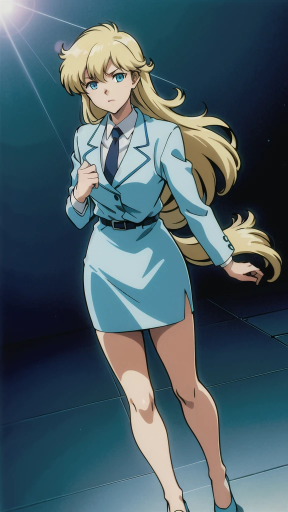 Blonde、 long hair 、bangs、悲しいface、 blue eyes、 Full Body Style 、Normal milk、 narrow waist 、Bare legs、In a suit、 blue jacket ,襟付き shirt,  shirt,  blue tie,belt,,  Blue Mini Pencil Skirt, black tights、White pumps、 Official Art, Extremely High Definition CG Unity 8K Wallpaper,  perfect lighting, colorful , bright _ Front_face_Lighting,  shiny skin, ( masterpiece:1.0),(Highest_quality:1.0), 超 high definition ,4K, super detailed, photo shoot, 8k,  high definition ,  high definition ,  absurd:1.2,  Kodak Portra 400,  Film Grain,  Blurry Background , Bokeh:1.2,  Lens Flare, ( vibrant _ color:1.2), Professional photography,Anime Images、