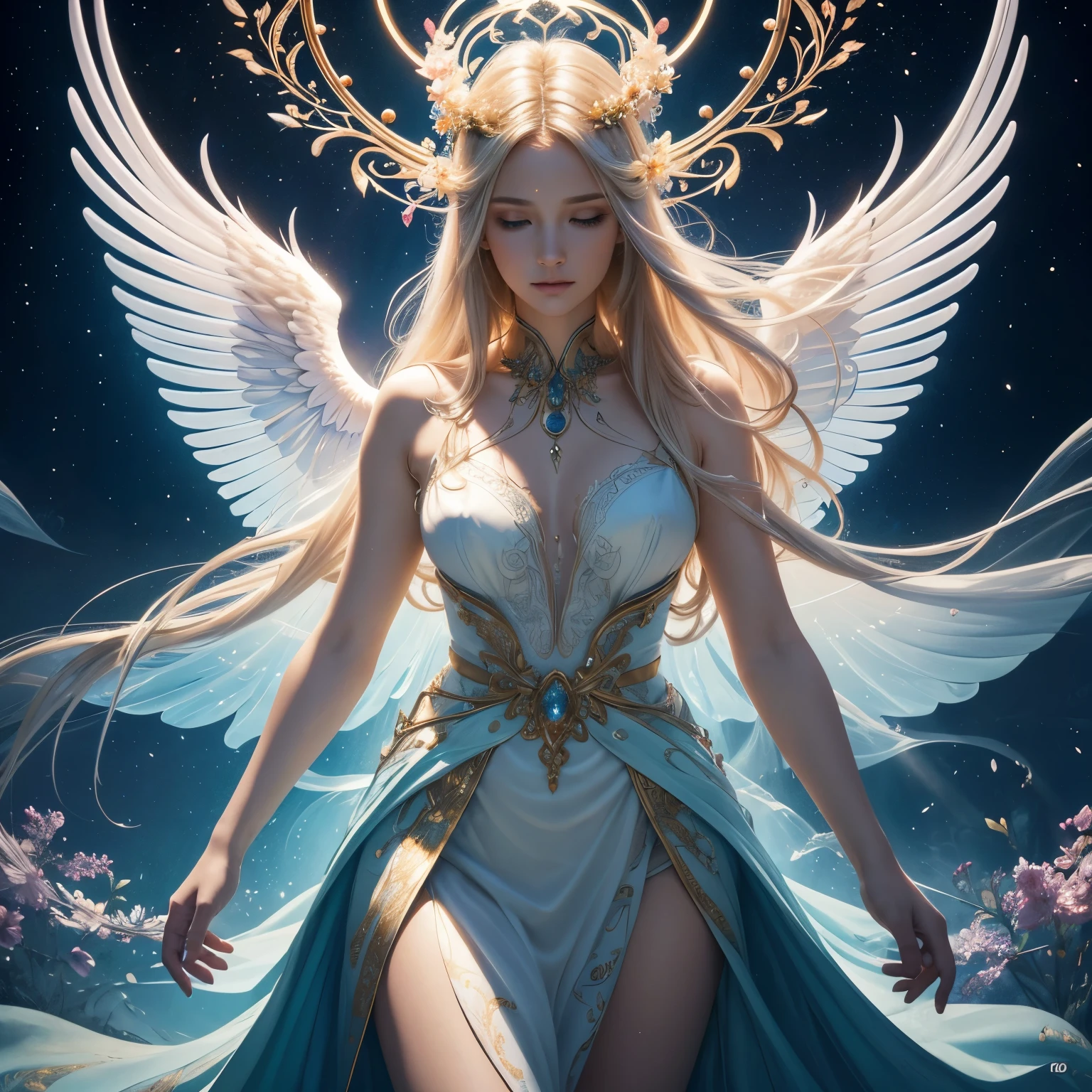 (Shinning fantasy painting, Photorealistic, High-definition, "An extraordinary pretty fairy female, sitting on a luxurious and plush bed, she exudes an ethereal allure. Her delicate and radiant features are accentuated as she dons a breathtaking fairy suit, adorned with intricate patterns and shimmering gems. Her gossamer wings, spread wide behind her, capture the very essence of fantasy. The painting boasts an incredible attention to detail, with every fiber of her wings and every thread of her suit portrayed in stunning photorealism. The high-definition image transports the viewer into a magical realm, immersing them in the beauty