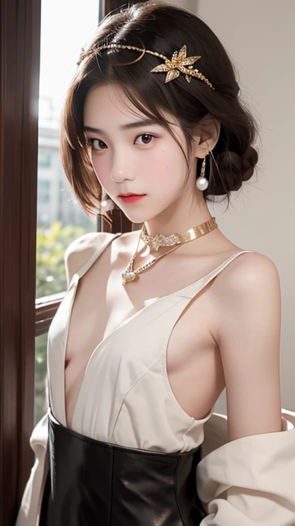 A high-resolution photograph featuring a young asian woman with a fair complexion and long, dark brown hair styled in loose waves, she has large, expressive brown eyes with a soft, inviting gaze, her lips are full and slightly parted, giving her a serene yet alluring appearance, she wears a delicate, gold headpiece resembling a halo or a crown, adorned with small, sparkling jewels, her attire consists of a black, off-the-shoulder top with intricate lace detailing, featuring a low neckline that accentuates her ample breasts, the top is adorned with gold beads and small, pearl-like earrings, adding a touch of elegance and elegance, she accessorizes with a gold choker and a matching gold necklace, the background is a plain, light beige color, ensuring that the focus remains on the subject, the overall composition and lighting emphasize her delicate features and the intricate textures of her attire, making her the focal point of the image