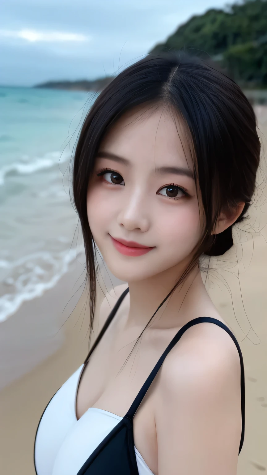 (RAW Photos, Highest quality), (Realistic, Photorealistic:1.3), masterpiece, Very delicate and beautiful, Soft Light, Beautiful detailed girl, 1 girl, Japanese, Pure beauty, cute, young, smile, Beach,sexy