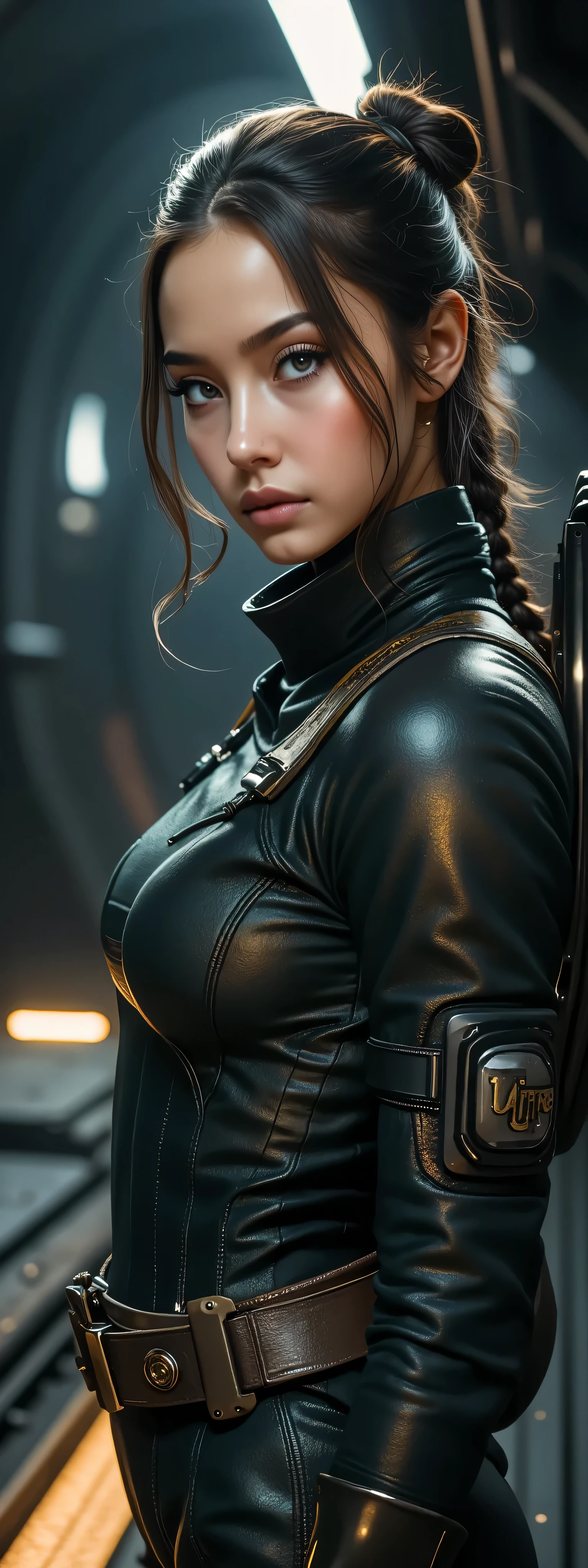 a woman,1girl, Naomi Nagata,beautiful detailed eyes,beautiful detailed lips,extremely detailed eyes and face,long eyelashes,dark hair,cyberpunk engineer outfit,standing in a gritty space station ,moody atmosphere,digital art,highly detailed,cinematic lighting,32k,photorealistic