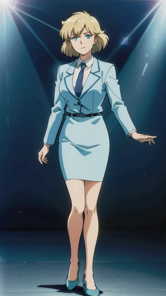 Blonde、 short hair、bangs、悲しいface、 blue eyes、 Full Body Style 、Normal milk、 narrow waist 、Bare legs、In a suit、 blue jacket ,襟付き shirt,  shirt,  blue tie,belt,,  Blue Mini Pencil Skirt, black tights、White pumps、 Official Art, Extremely High Definition CG Unity 8K Wallpaper,  perfect lighting, colorful , bright _ Front_face_Lighting,  shiny skin, ( masterpiece:1.0),(Highest_quality:1.0), 超 high definition ,4K, super detailed, photo shoot, 8k,  high definition ,  high definition ,  absurd:1.2,  Kodak Portra 400,  Film Grain,  Blurry Background , Bokeh:1.2,  Lens Flare, ( vibrant _ color:1.2), Professional photography,Anime Images、
