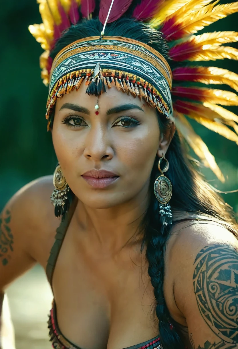 Foto RAW, skin glistening by sweat, looks like Nayanthara, thick figure, curvy, milf, 50 years old Woman, tattoo in the middle of her breast, with realistic Indian headdress , tribal girl, stunning looks, tribal headdress, tattoos, colourful tribal tattoos, tribal white girl, Polynesian tribe, best quality , best cinematic colour grading, detailed lighting,  high resolution  , (pele altamente detalhada: 1.2), 8k UHD, DSLR, soft-lighting, alta qualidade, grain of film, Fujifilm XT3, highly detailed armpits, armpits hair,  fully naked, nipples covered by hai, skin pores, skin texture, high quality skin, nude jungle 