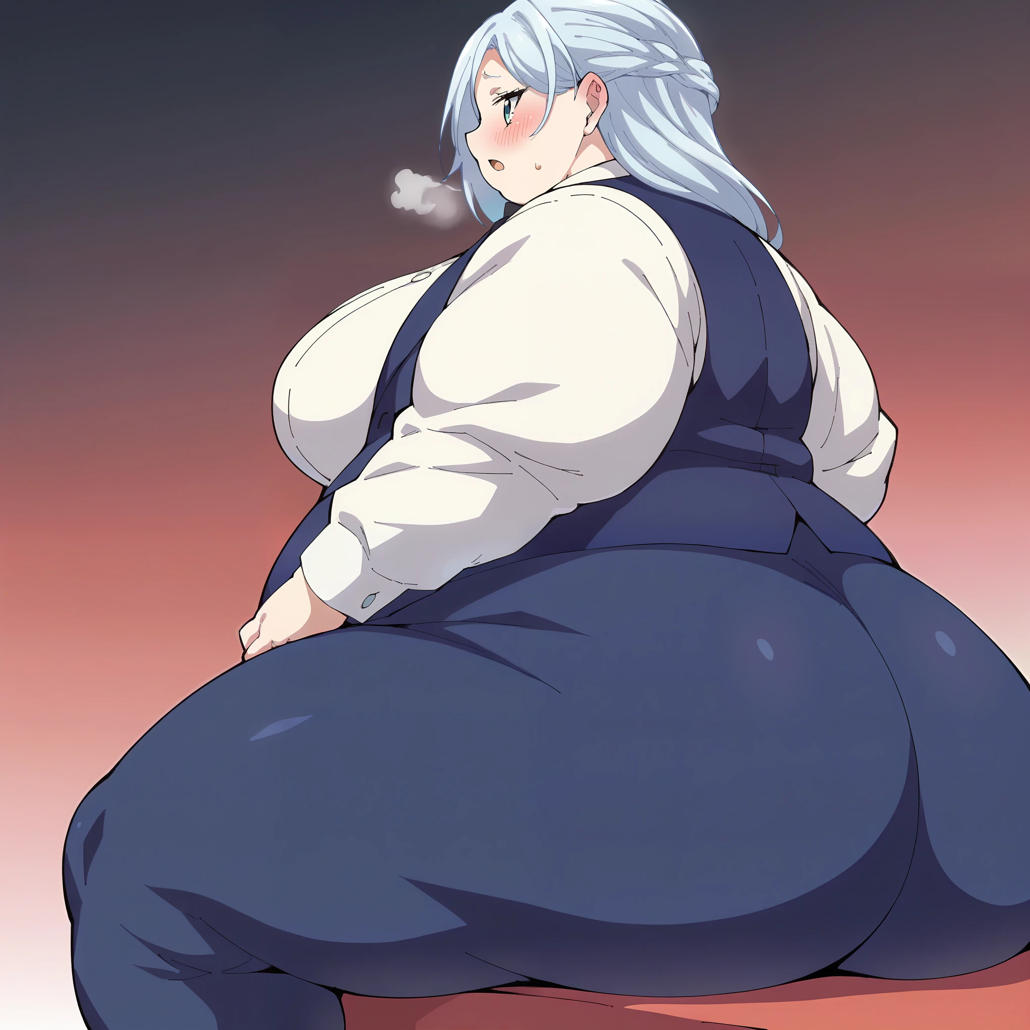 sylpha, long_hair, 1girl, blue_eyes, blue_hair, solo, blush, large_breasts,  vest, white_shirt,, score_9, score_8_up, score_7_up, , anime coloring ,BREAK source_anime, anime fat, chubby, obese, gigantic arms and legs, large breasts open mouth, out of breath, sitting, from behind, huge ass