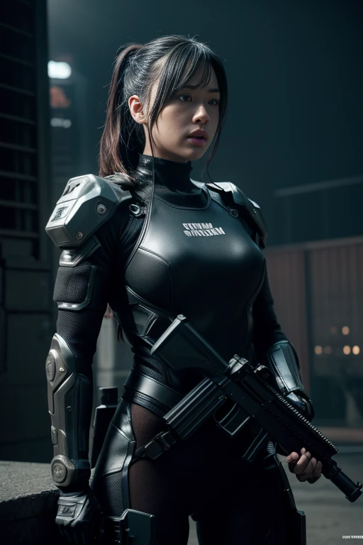 (best quality), oriental detailed background, science fiction,mechanical arms,girl with man , war, monster army, techwear,, military uniform