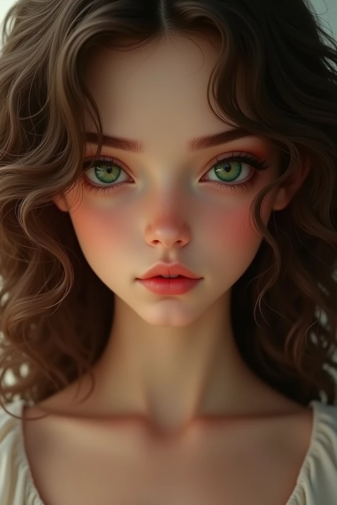 a  teenage girl with brown wavy hair and eyebrows, large dark green eyes, a straight nose, a rather round face, thin lips, and a large beautiful chin