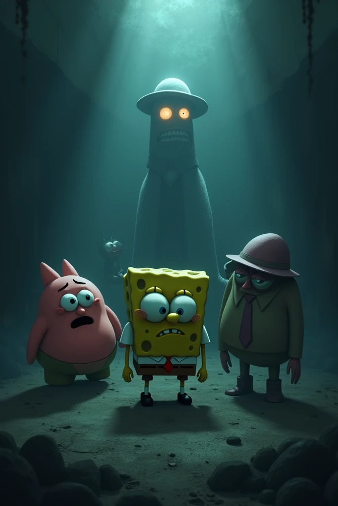 "Bob Esponja, Patrick, lula molusco, sr. crabs, Sandy Cheeks and Plankton are gathered in a hazy and dark space that represents limbo. Each character displays expressions of despair or resignation . The scene is shrouded in darkness with faint lights that highlight their distressed faces