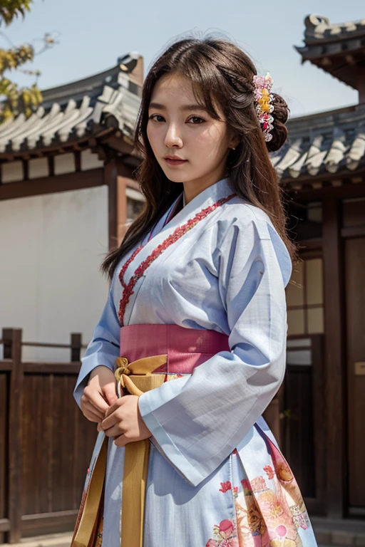 breasts visible, A beautiful woman in a hanbok causing a ruckus in the city center, A street in downtown New York, 4K, Very detailed and beautiful face, beautiful body, big bust, natural