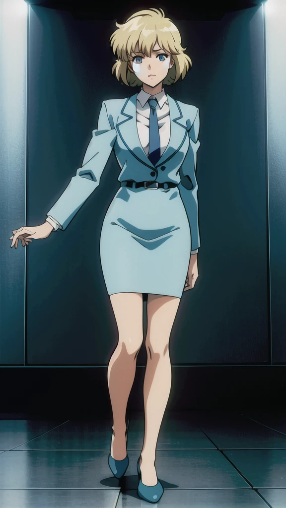 Blonde、 short hair、bangs、悲しいface、 blue eyes、 Full Body Style 、Normal milk、 narrow waist 、Bare legs、In a suit、 blue jacket ,襟付き shirt,  shirt,  blue tie,belt,,  Blue Mini Pencil Skirt, black tights、White pumps、 Official Art, Extremely High Definition CG Unity 8K Wallpaper,  perfect lighting, colorful , bright _ Front_face_Lighting,  shiny skin, ( masterpiece:1.0),(Highest_quality:1.0), 超 high definition ,4K, super detailed, photo shoot, 8k,  high definition ,  high definition ,  absurd:1.2,  Kodak Portra 400,  Film Grain,  Blurry Background , Bokeh:1.2,  Lens Flare, ( vibrant _ color:1.2), Professional photography,Anime Images、
