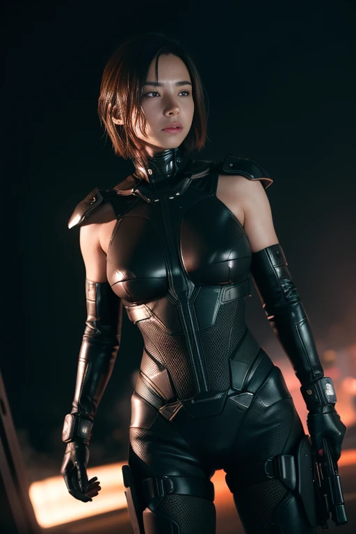(realistic analog style sharp focus 8k raw photo with soft lighting and high quality:1.1), (hdr film grain:1.2),movie poster, a cute woman wearing a shiny (textured:1.2) (intricate:1.2) cyborgcosplay in a dark street at night, (cinematic hairstyle:1.2)