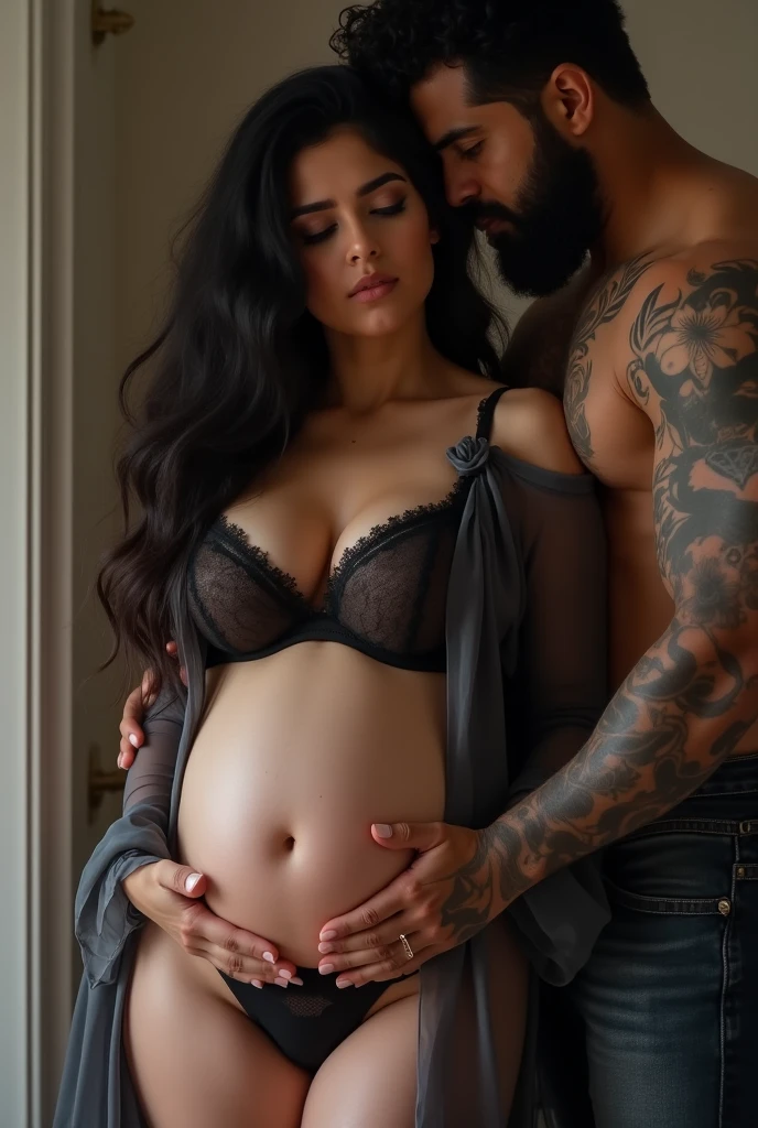 pregnant couple standing in a room with a man and woman, pregnant belly, crescimento de um casal, pregnant, fotografia materna 4k, retrato de casal, sentimento de maternidade, very muito realista, retrato de casal, fechar foto de meio corpo, gravidez, vinheta pesada!, muito realista, intertwined full body view, Foto de lado, visible belly, foto realista altamente realista