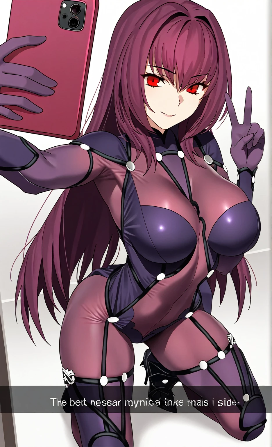  High resolution,  masterpiece, necessary,  The best quality, Detail, quality,  lyrics,  very detailed, Desde lejos, full body,

1girl, solo, smile,

Scathach,  scathach fate ,  scathach fate  grand order,  long hair , red eyes,  tight suit

Smartphone, selfie