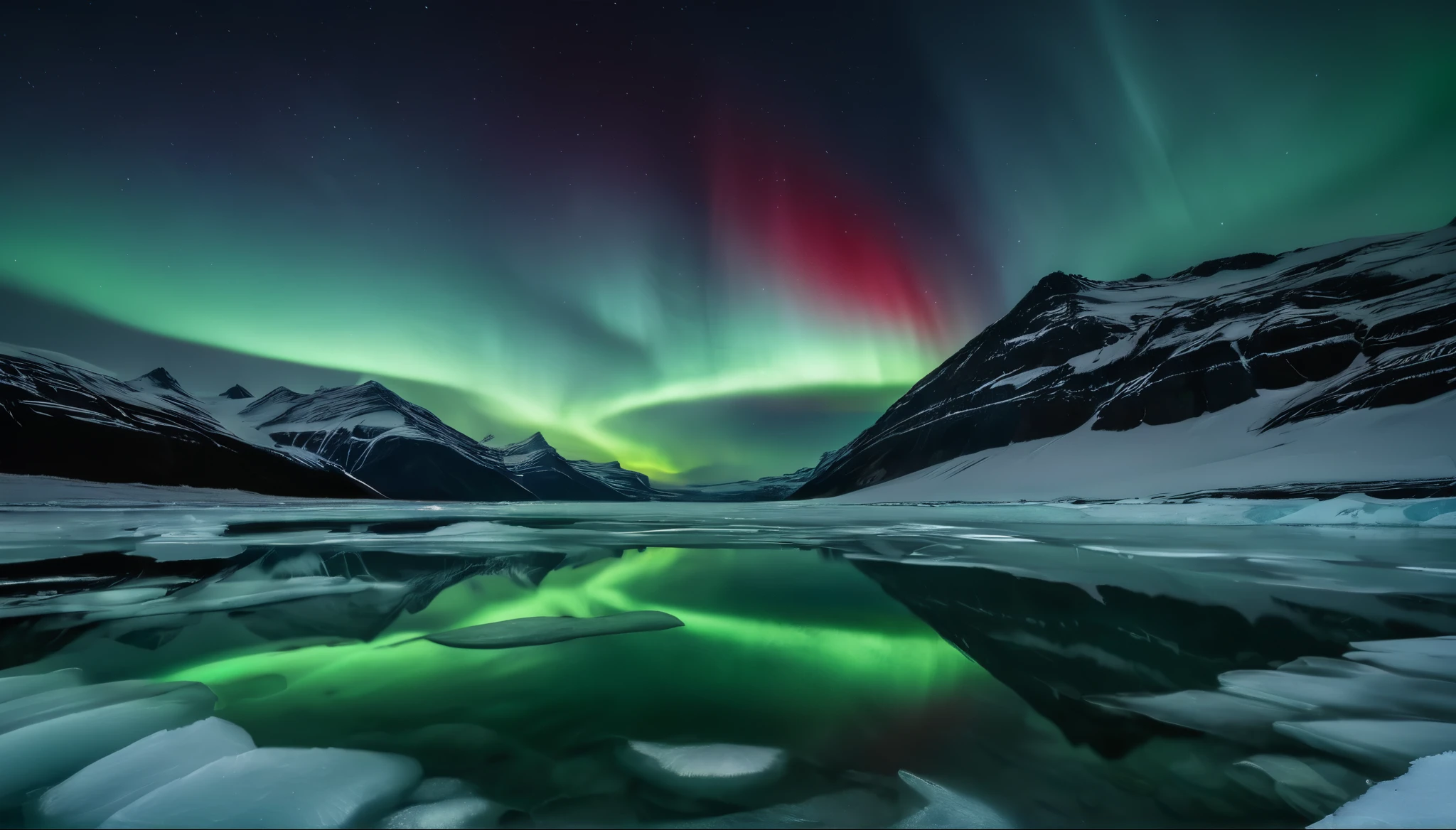 realistic photo of (aurora:1.3) in Glacier landscape for documentation, aurora (light with green and red) move in straight line, (perfect reflection) on icy water, stary sky, professional photography wide angle shot, negative space, (low-key lighting), high-resolution image