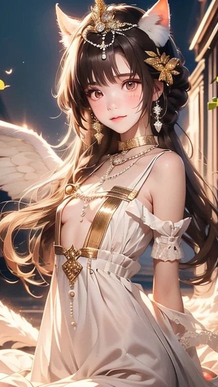 A high-resolution photograph featuring a young asian woman with a fair complexion and long, dark brown hair styled in loose waves, she has large, expressive brown eyes with a soft, inviting gaze, her lips are full and slightly parted, giving her a serene yet alluring appearance, she wears a delicate, gold headpiece resembling a halo or a crown, adorned with small, sparkling jewels, her attire consists of a black, off-the-shoulder top with intricate lace detailing, featuring a low neckline that accentuates her ample breasts, the top is adorned with gold beads and small, pearl-like earrings, adding a touch of elegance and elegance, she accessorizes with a gold choker and a matching gold necklace, the background is a plain, light beige color, ensuring that the focus remains on the subject, the overall composition and lighting emphasize her delicate features and the intricate textures of her attire, making her the focal point of the image