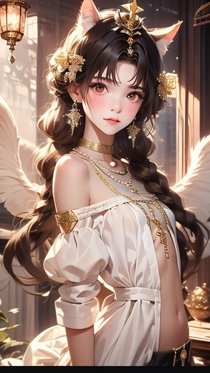 A high-resolution photograph featuring a young asian woman with a fair complexion and long, dark brown hair styled in loose waves, she has large, expressive brown eyes with a soft, inviting gaze, her lips are full and slightly parted, giving her a serene yet alluring appearance, she wears a delicate, gold headpiece resembling a halo or a crown, adorned with small, sparkling jewels, her attire consists of a black, off-the-shoulder top with intricate lace detailing, featuring a low neckline that accentuates her ample breasts, the top is adorned with gold beads and small, pearl-like earrings, adding a touch of elegance and elegance, she accessorizes with a gold choker and a matching gold necklace, the background is a plain, light beige color, ensuring that the focus remains on the subject, the overall composition and lighting emphasize her delicate features and the intricate textures of her attire, making her the focal point of the image