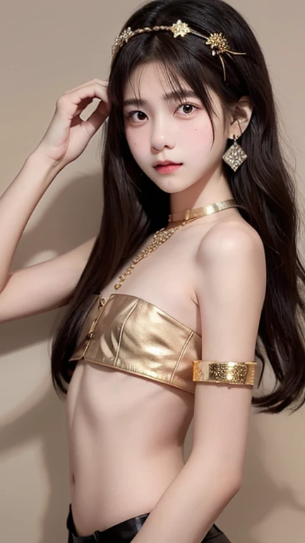 A high-resolution photograph featuring a young asian woman with a fair complexion and long, dark brown hair styled in loose waves, she has large, expressive brown eyes with a soft, inviting gaze, her lips are full and slightly parted, giving her a serene yet alluring appearance, she wears a delicate, gold headpiece resembling a halo or a crown, adorned with small, sparkling jewels, her attire consists of a black, off-the-shoulder top with intricate lace detailing, featuring a low neckline that accentuates her ample breasts, the top is adorned with gold beads and small, pearl-like earrings, adding a touch of elegance and elegance, she accessorizes with a gold choker and a matching gold necklace, the background is a plain, light beige color, ensuring that the focus remains on the subject, the overall composition and lighting emphasize her delicate features and the intricate textures of her attire, making her the focal point of the image