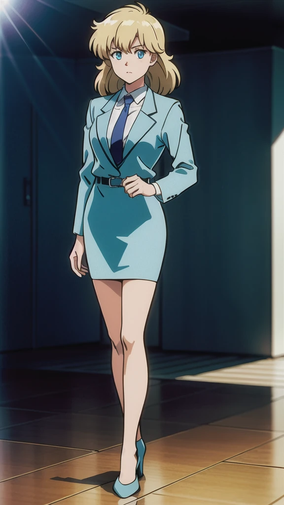 Blonde、 long hair 、bangs、悲しいface、 blue eyes、 Full Body Style 、Normal milk、 narrow waist 、Bare legs、In a suit、 blue jacket ,襟付き shirt,  shirt,  blue tie,belt,,  Blue Mini Pencil Skirt, black tights、White pumps、 Official Art, Extremely High Definition CG Unity 8K Wallpaper,  perfect lighting, colorful , bright _ Front_face_Lighting,  shiny skin, ( masterpiece:1.0),(Highest_quality:1.0), 超 high definition ,4K, super detailed, photo shoot, 8k,  high definition ,  high definition ,  absurd:1.2,  Kodak Portra 400,  Film Grain,  Blurry Background , Bokeh:1.2,  Lens Flare, ( vibrant _ color:1.2), Professional photography,Anime Images、