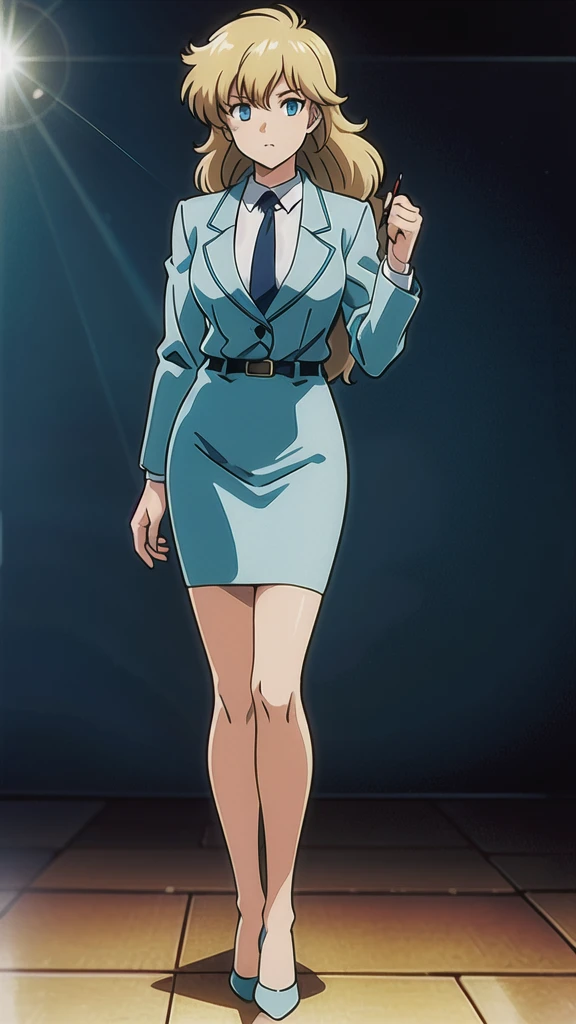 Blonde、 long hair 、bangs、悲しいface、 blue eyes、 Full Body Style 、Normal milk、 narrow waist 、Bare legs、In a suit、 blue jacket ,襟付き shirt,  shirt,  blue tie,belt,,  Blue Mini Pencil Skirt, black tights、White pumps、 Official Art, Extremely High Definition CG Unity 8K Wallpaper,  perfect lighting, colorful , bright _ Front_face_Lighting,  shiny skin, ( masterpiece:1.0),(Highest_quality:1.0), 超 high definition ,4K, super detailed, photo shoot, 8k,  high definition ,  high definition ,  absurd:1.2,  Kodak Portra 400,  Film Grain,  Blurry Background , Bokeh:1.2,  Lens Flare, ( vibrant _ color:1.2), Professional photography,Anime Images、