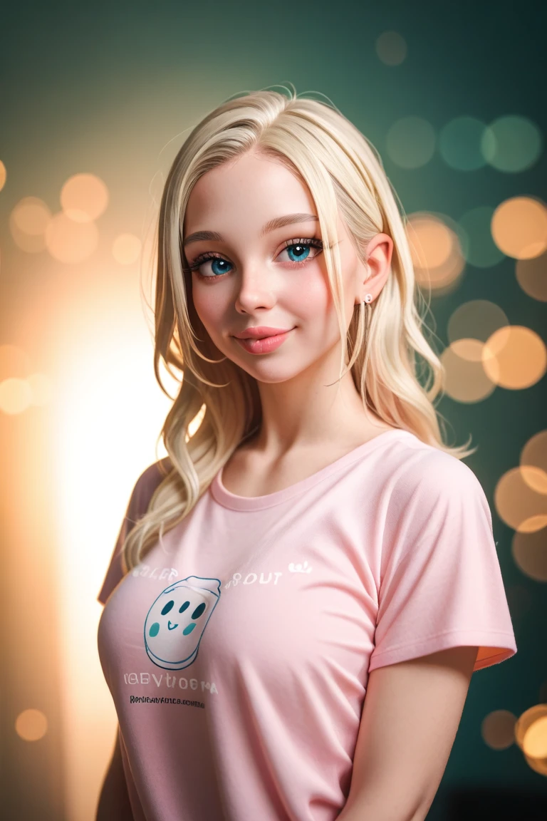 realistic portrait of wendy darling mixed with elisabeth moss and camila morrone, moisted natural reddisth full lips, rosy big nosetip, slim natural busty complexion, generous mouth, natural long light smooth blonde hair , natural blue eyes, rosy cheeks, prominent eyebags, sweet shy innocent expression, mouth ajar, neutral bokeh background, pink t-shirt big boobs,

