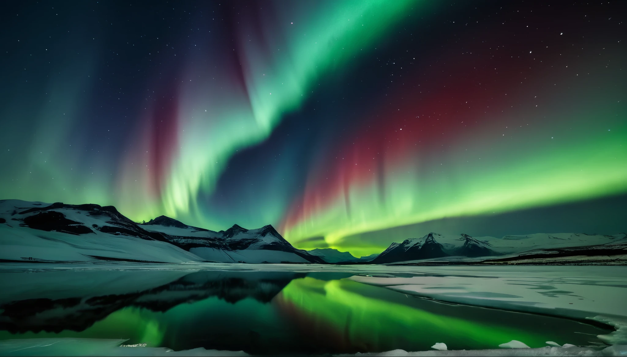 realistic photo of (aurora:1.3) in Glacier landscape for documentation, aurora (light with green and red) move in straight line, (perfect reflection) on icy water, stary sky, professional photography wide angle shot, negative space, (low-key lighting), high-resolution image