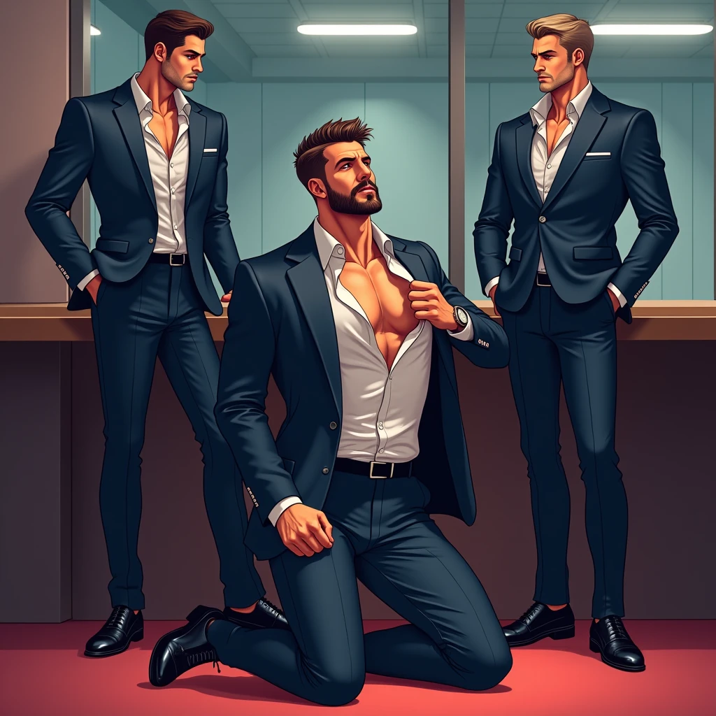 Three handsome men in boxers mark a huge 100cm round bulge