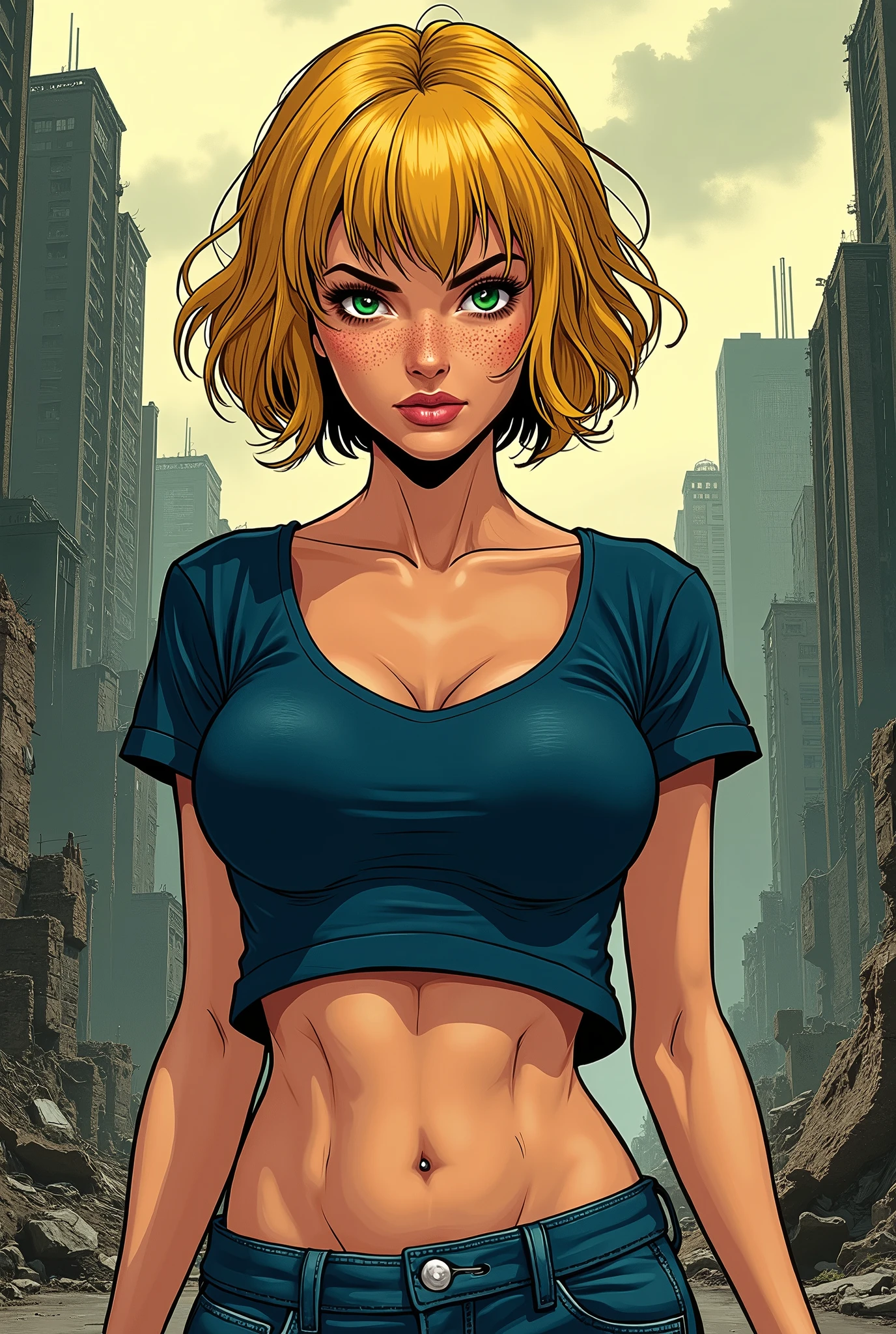 Comic book style, mid upshot of android 18 posing in front of an abandoned building, flat colors, wearing loose tshirt [crop top:2], underboob visible, unzipped cargo pants, looking confident, looking serious, big tits, looking off into distance, detailed hair, detailed face and blue eyes, [destroyed vehicles:0.2], flat colors