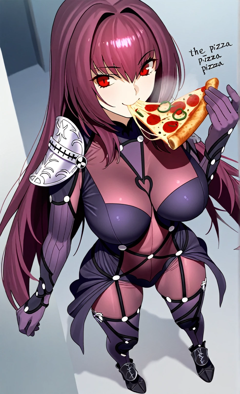  High resolution,  masterpiece, necessary,  The best quality, Detail, quality,  lyrics,  very detailed, Desde lejos, full body,

1girl, solo, smile,

Scathach,  scathach fate ,  scathach fate  grand order,  long hair , red eyes,  tight suit

eating pizza