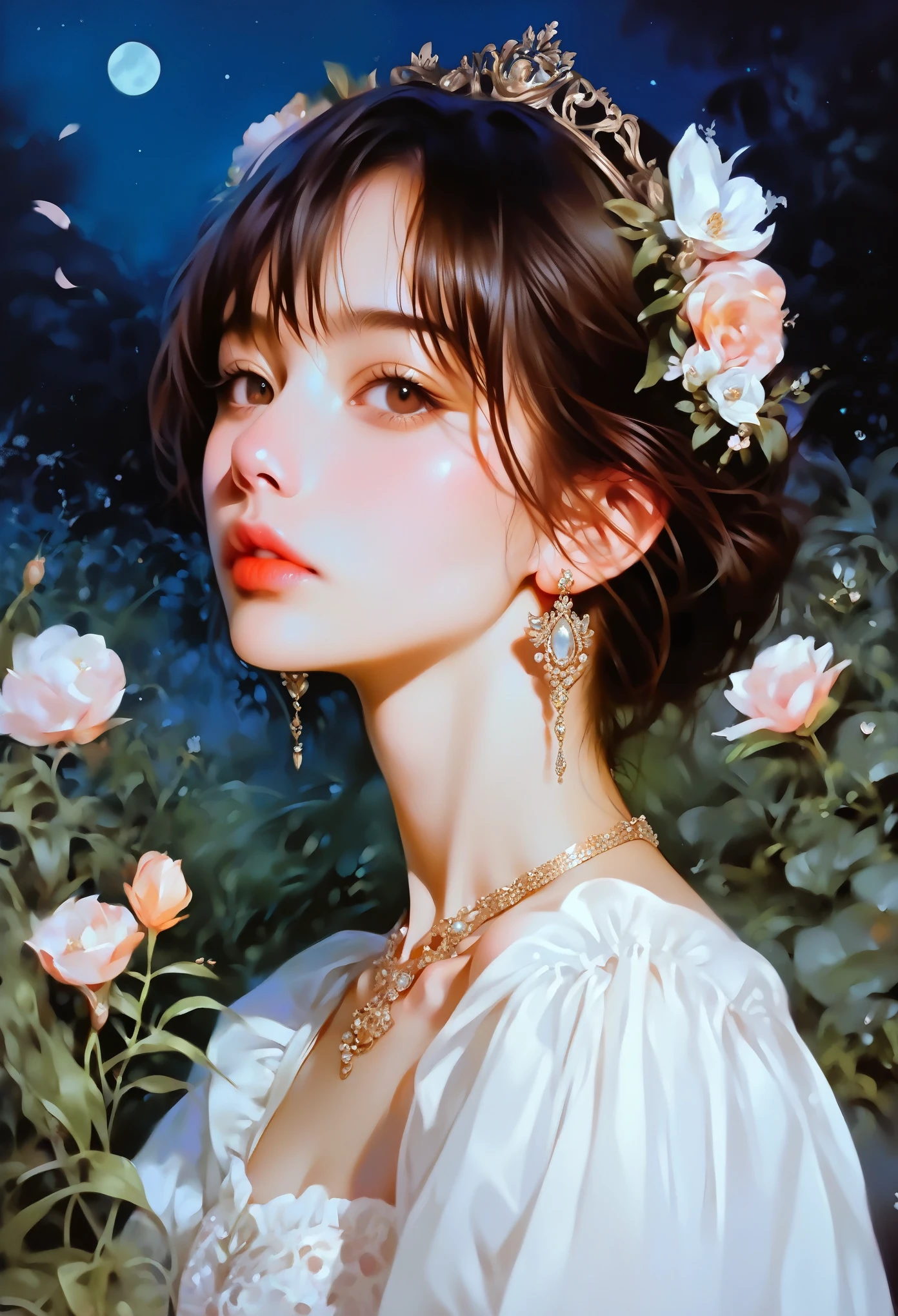 a beautiful young girl in a traditional dress, standing in a lush garden at night, with the moon shining overhead, (best quality,8k,hyperrealistic,masterpiece:1.2),ultra-detailed,(realistic,photorealistic,photo-realistic:1.37),intricate floral details,detailed background,crown,wide shot,flower garden,night scene,moonlight,anastasia the idolmaster,beautiful detailed eyes,beautiful detailed lips,extremely detailed face and eyes,long eyelashes