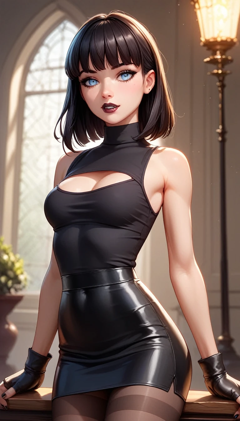 (Perfect Anatomy), Masterpiece, Ultra High Quality, 8k, masterpiece, Highest quality, Ultra-high resolution, Maximum resolution, Very detailed, Professional Lighting, Disney, young female, Mavis Dracula, a young vampire woman with a slim-yet-shapely figure, small fangs, pale-fair skin, light blue eyes, silky black hair kept into a bob with V-shaped bangs. Black lipstick, nail polish and eyeshadow around her eyes.
Wear short-sleeved black turtleneck sweater-dress, red-striped black leggings, red high-top sneakers, (fingerless, black tule-gloves).