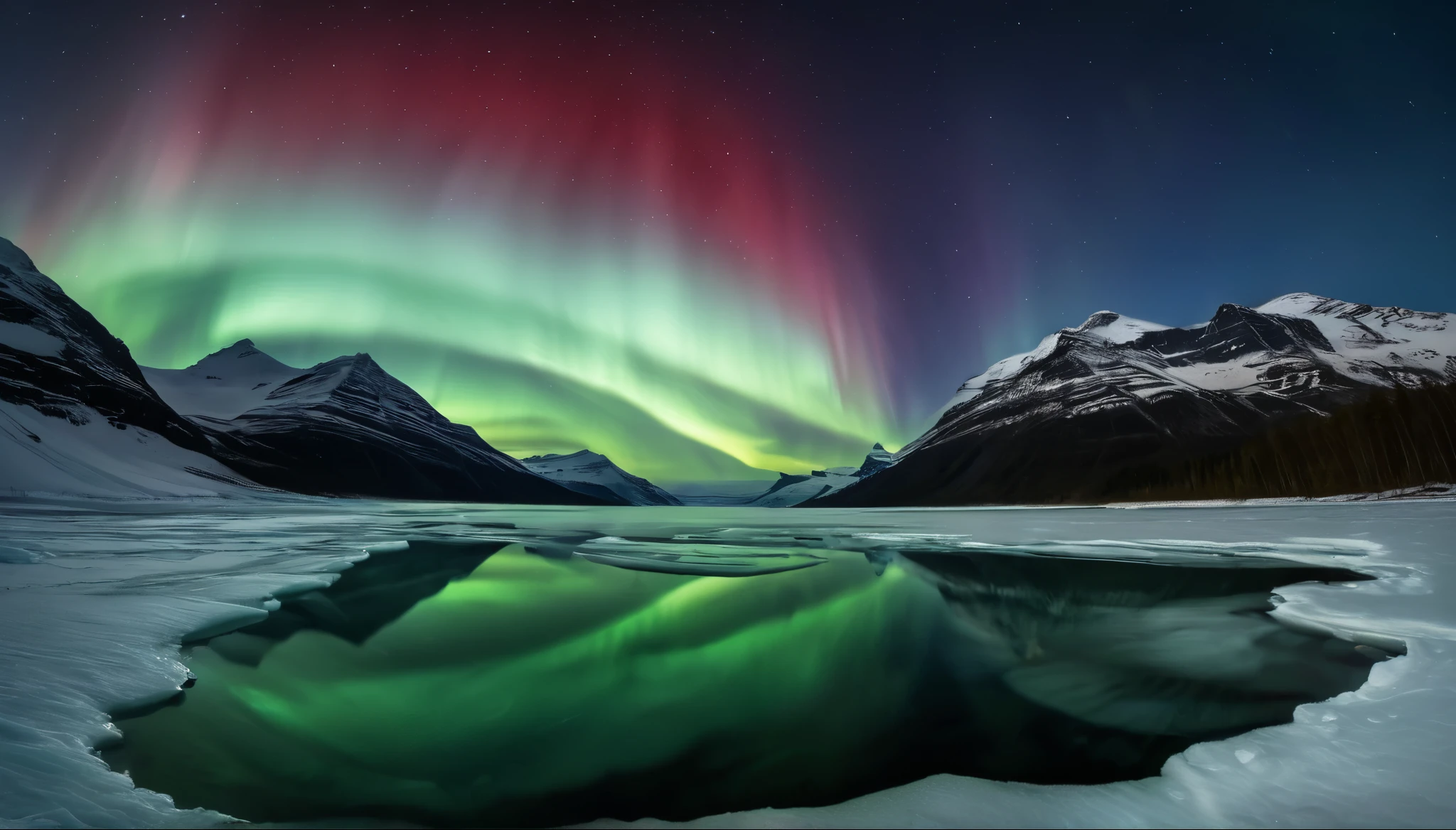 realistic photo of (aurora:1.3) in Glacier landscape for documentation, aurora (light with green and red) move in straight line, (perfect reflection) on icy water, stary sky, professional photography wide angle shot, negative space, (low-key lighting), high-resolution image