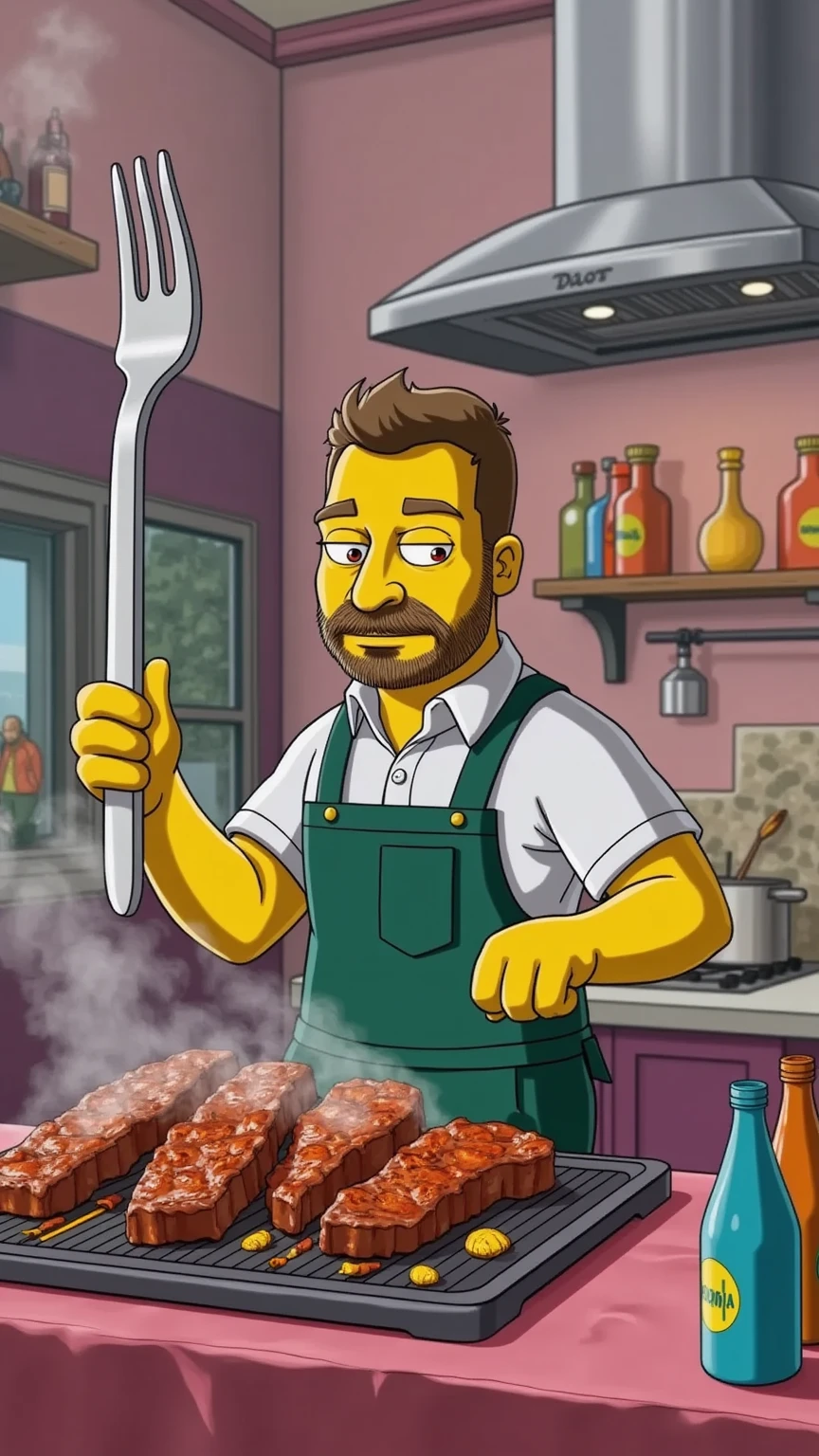 A cinematic scene in The Simpsons style featuring a man holding a giant fork as tall as himself, standing confidently in the middle of a vibrant barbecue setup. The environment is filled with cartoonish elements: sizzling meats, colorful bottles of sauces, grilling utensils, and smoke swirling around. The man has exaggerated features typical of The Simpsons characters, with a determined expression as he stands in the smoky, lively atmosphere. Bright, bold colors and intricate cartoon details bring the scene to life in the authentic Simpsons universe.
